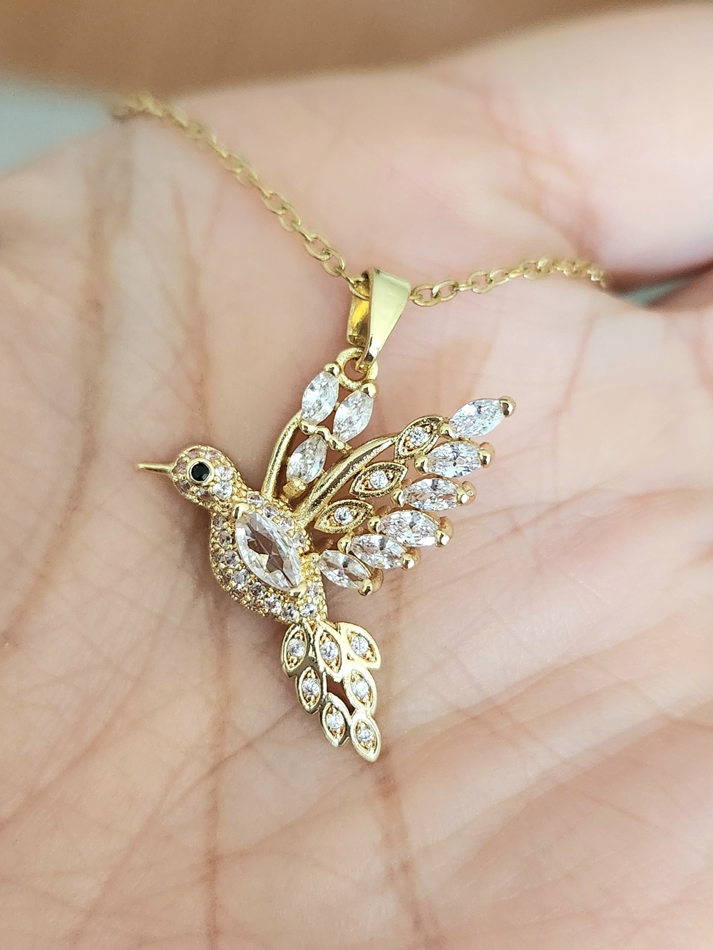 New 18K Gold Plated Diamond Hummingbird Necklace Pendant And Chain For Women